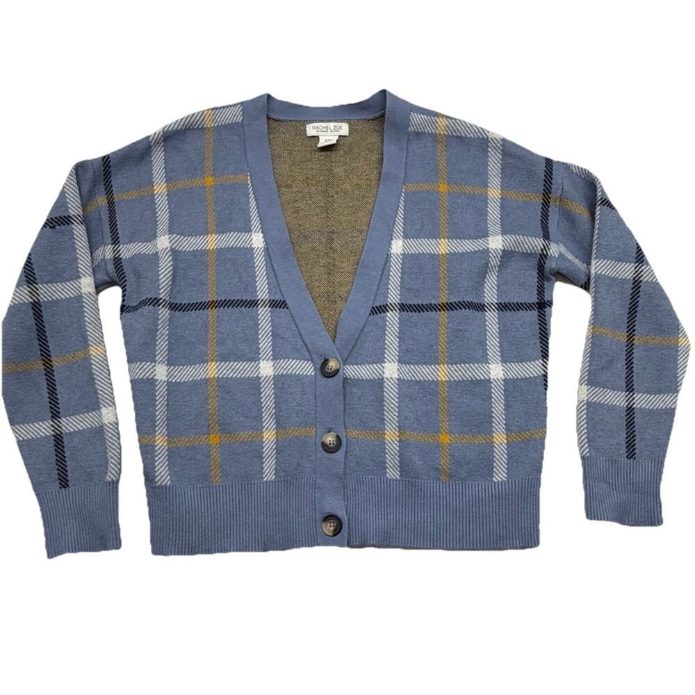RACHEL ZOE Plaid Cardigan Sweater Size Medium Blue Academic Preppy Rayon